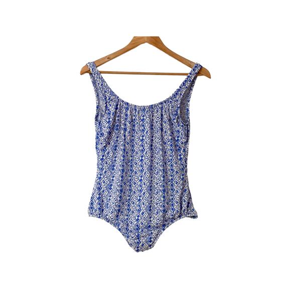 1980s Roxanne Blue White Geometric Pattern One Piece Swim Suit Size 14 NWT - Picture 6 of 6